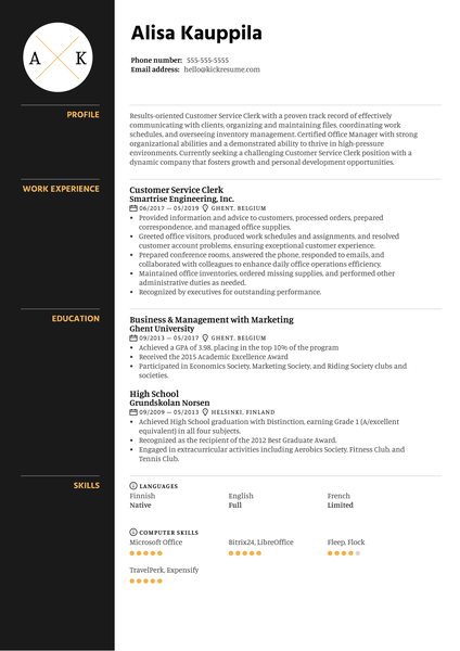 Customer Service Clerk Resume Sample