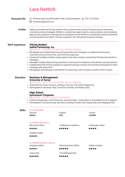 Pricing Analyst Resume Sample