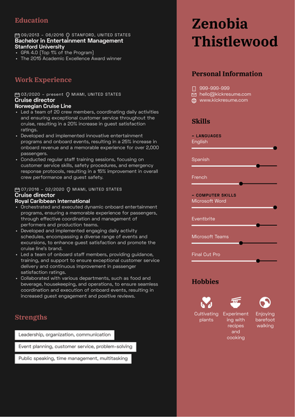 Cruise Director Resume Sample