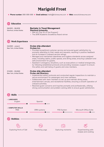 Cruise Ship Attendant Resume Sample