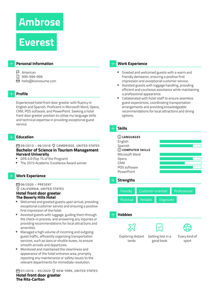 Hotel Front Door Greeter Resume Sample