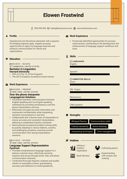 Over the Phone Interpreter Resume Sample