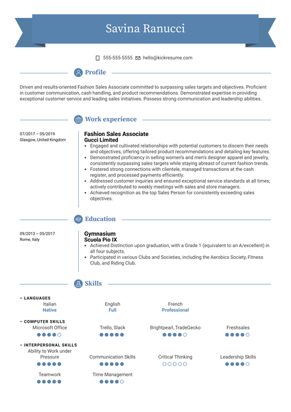 Fashion Sales Associate Resume Example