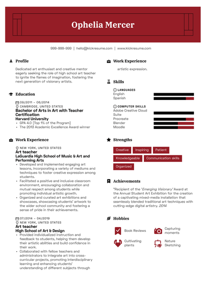 High School Art Teacher Resume Sample