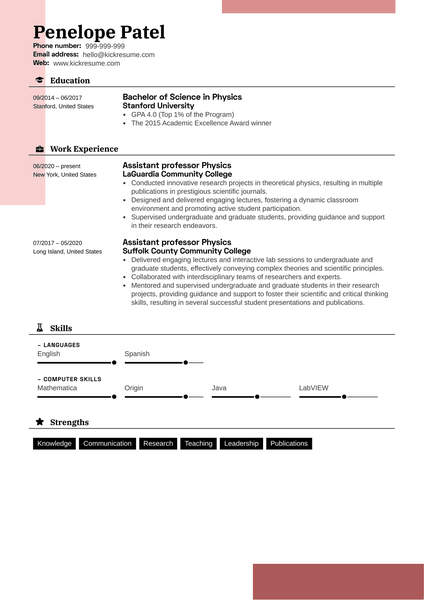 Assistant Professor Physics Resume Sample