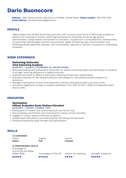 Swimming Instructor Resume Sample