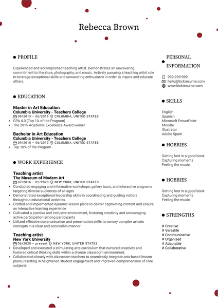 Teaching artist Resume Sample