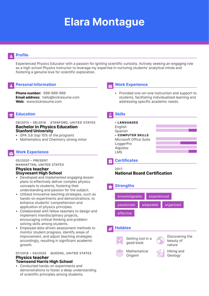 High School Physics Teacher Resume Sample