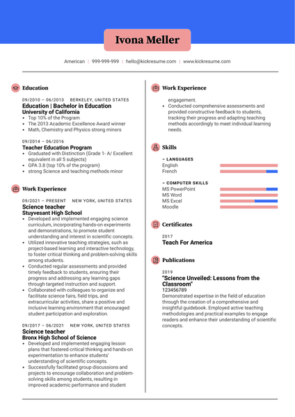 High School Science Teacher Resume Sample