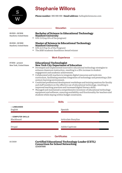 Educational Technologist Resume Sample