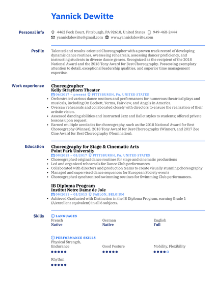 Choreographer Resume Sample