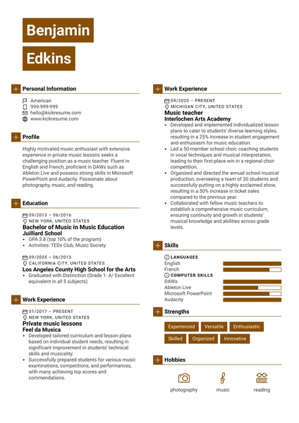 Music Teacher Resume Sample