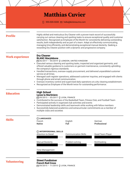 Dry Cleaner Resume Sample