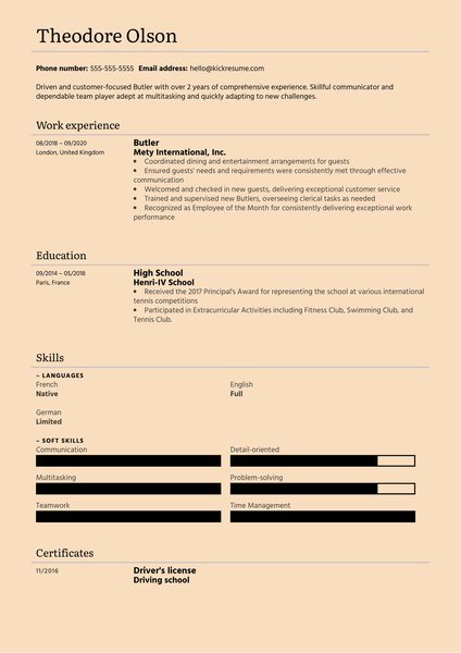 Butler Resume Example