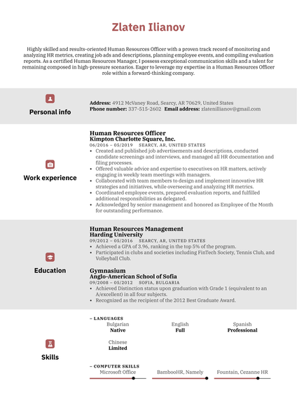 Human Resources Officer Resume Example