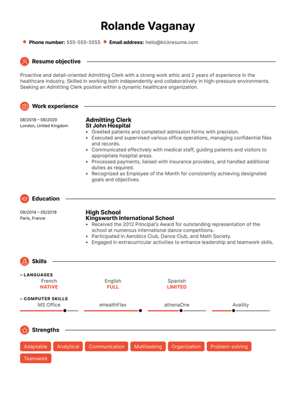 Admitting Clerk Resume Sample