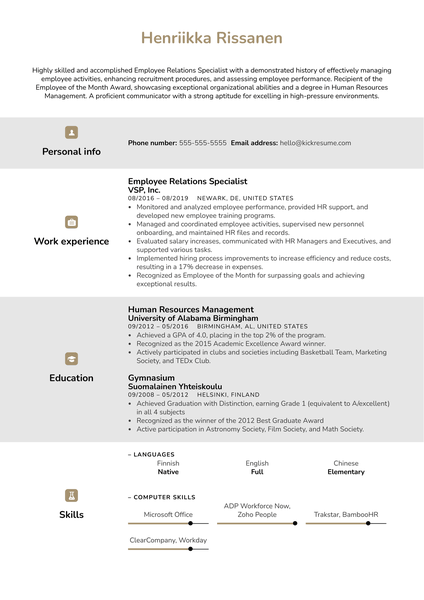 Employee Relations Specialist Resume Example