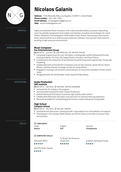 Music Composer Resume Sample