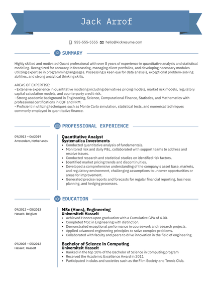 Quantitative Analyst Resume Sample