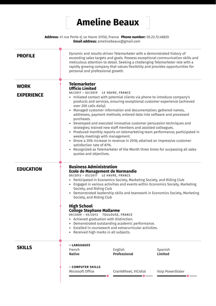 Telemarketer Resume Sample