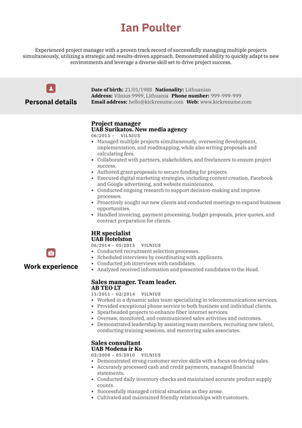 Experienced Project Manager CV Sample