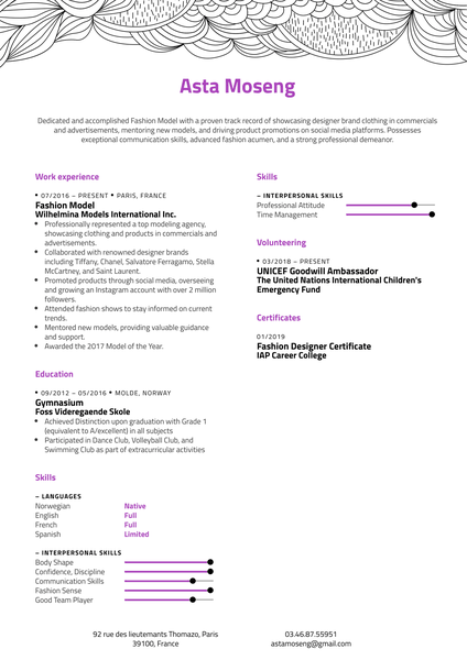 Fashion Model Resume Sample