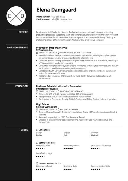 Production Support Analyst Resume Example