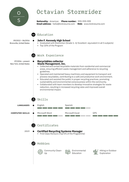 Recyclables Collector Resume Sample