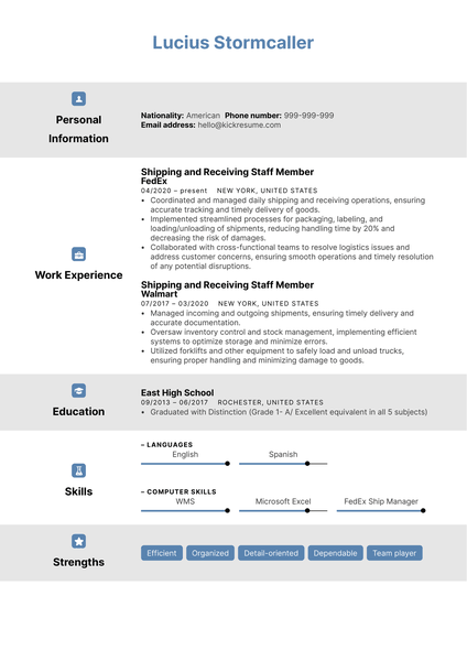 Shipping and Receiving Staff Member Resume Sample