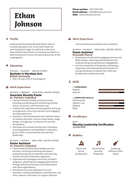 Associate Worship Pastor Resume Sample