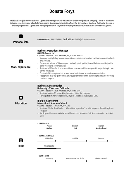 Business Operations Manager Resume Example