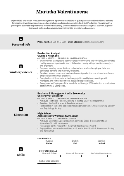 Production Analyst Resume Example