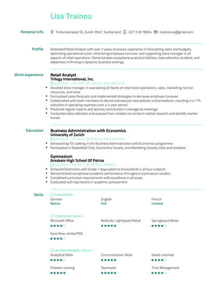 Retail Analyst Resume Sample