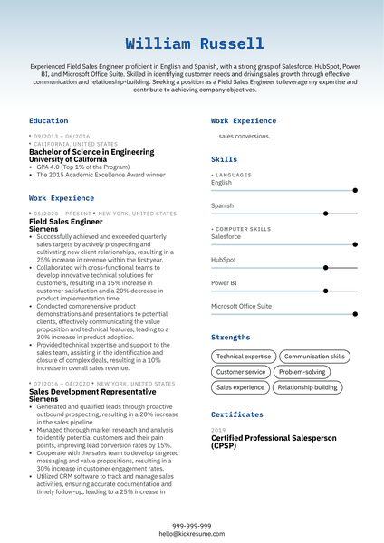 Field Sales Engineer Resume Sample