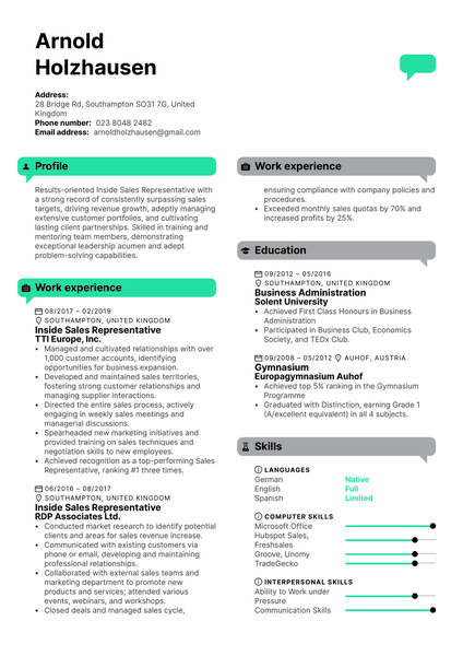 Inside Sales Representative Resume Sample