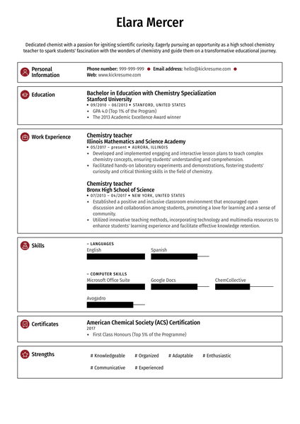 High School Chemistry Teacher Resume Sample