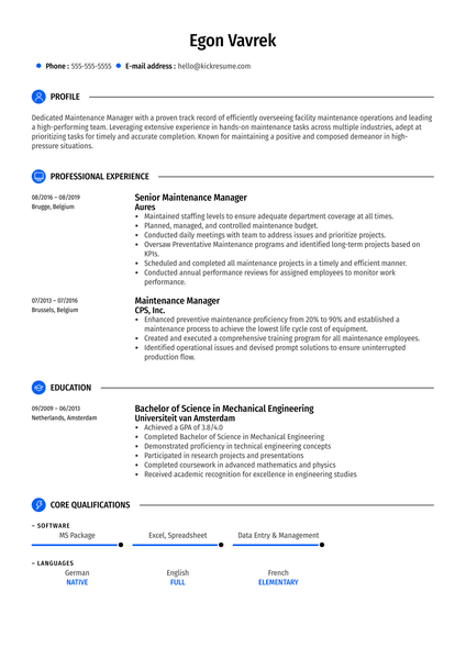 Senior Maintenance Manager Resume Sample