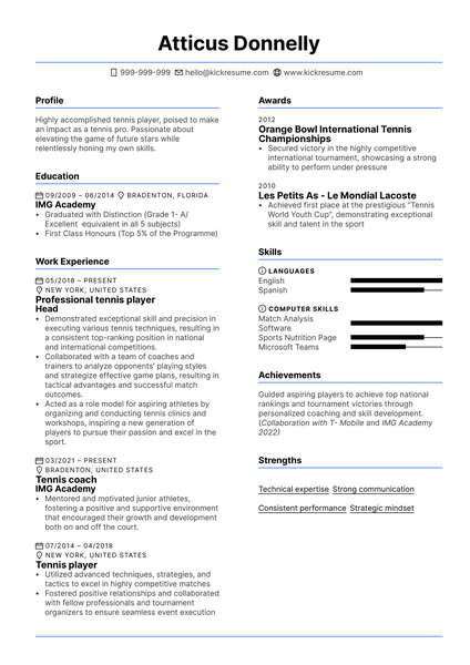 Tennis Pro Resume Sample