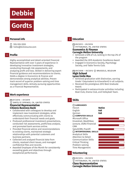 Financial Representative Resume Example