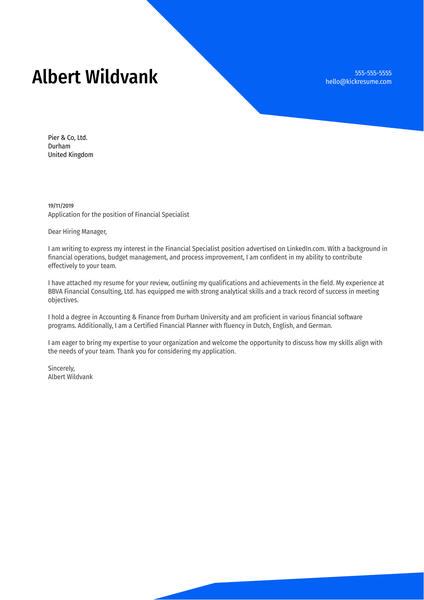 Financial Specialist Cover Letter Sample