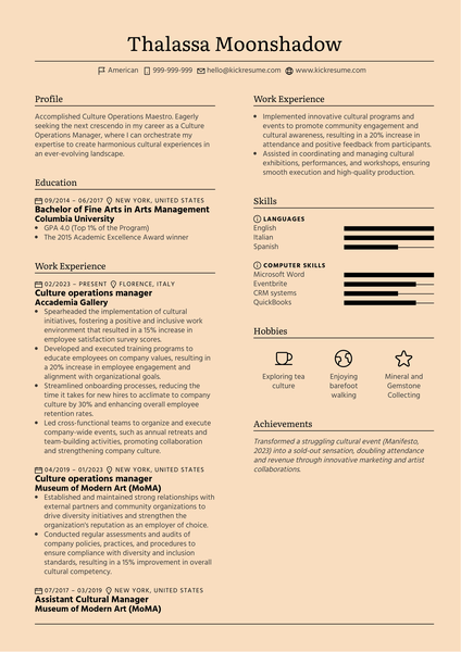 Culture Operations Manager Resume Sample