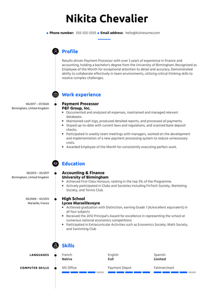 Payment Processing Resume Sample