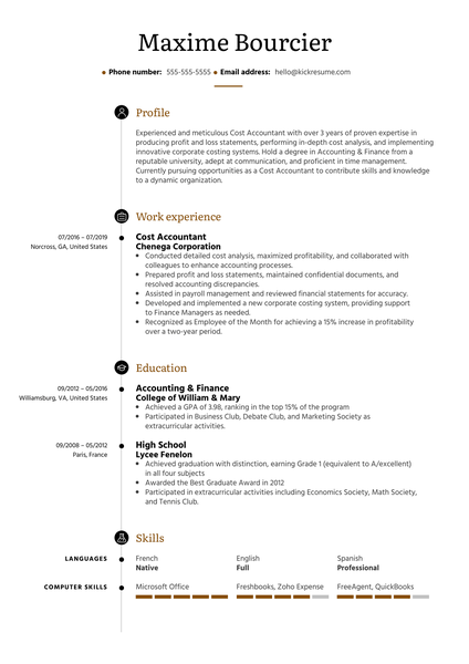 Cost Accountant Resume Example