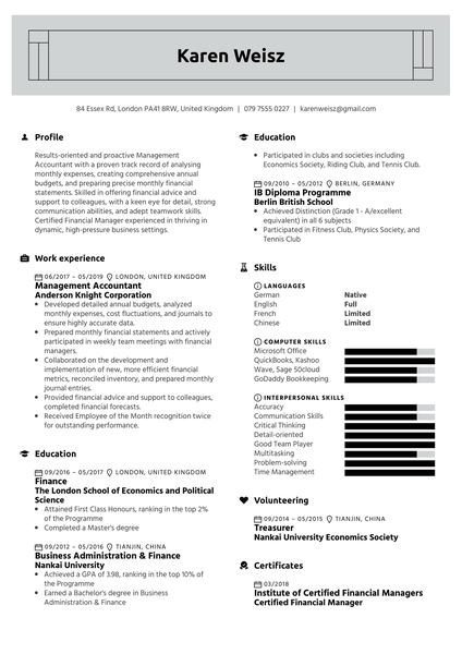 Management Accountant Resume Example