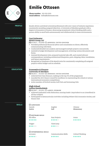 Cost Estimator Resume Sample