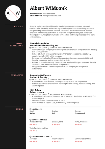 Financial Specialist Resume Example