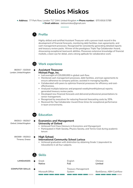 Assistant Treasurer Resume Sample