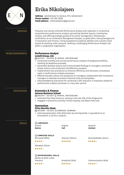 Performance Analyst Resume Sample