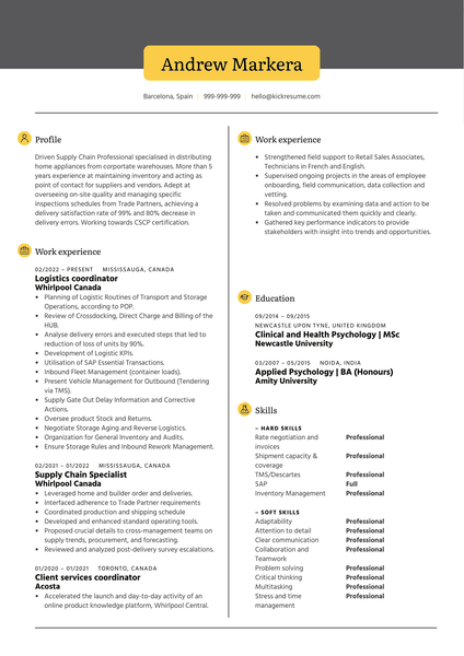 Supply Chain Delivery Management professional Resume Sample