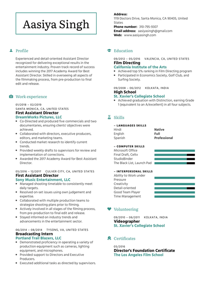 First Assistant Director Resume Example